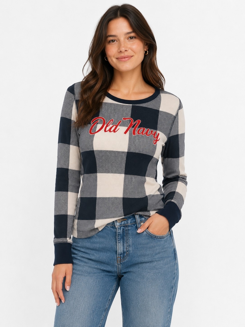 Old Navy Navy and Cream Buffalo Plaid Long Sleeve Tee with Red Logo
